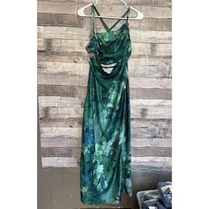 Hello Molly Women's Count It In Green Satin Midi Dress Center Cut Out Sz 4